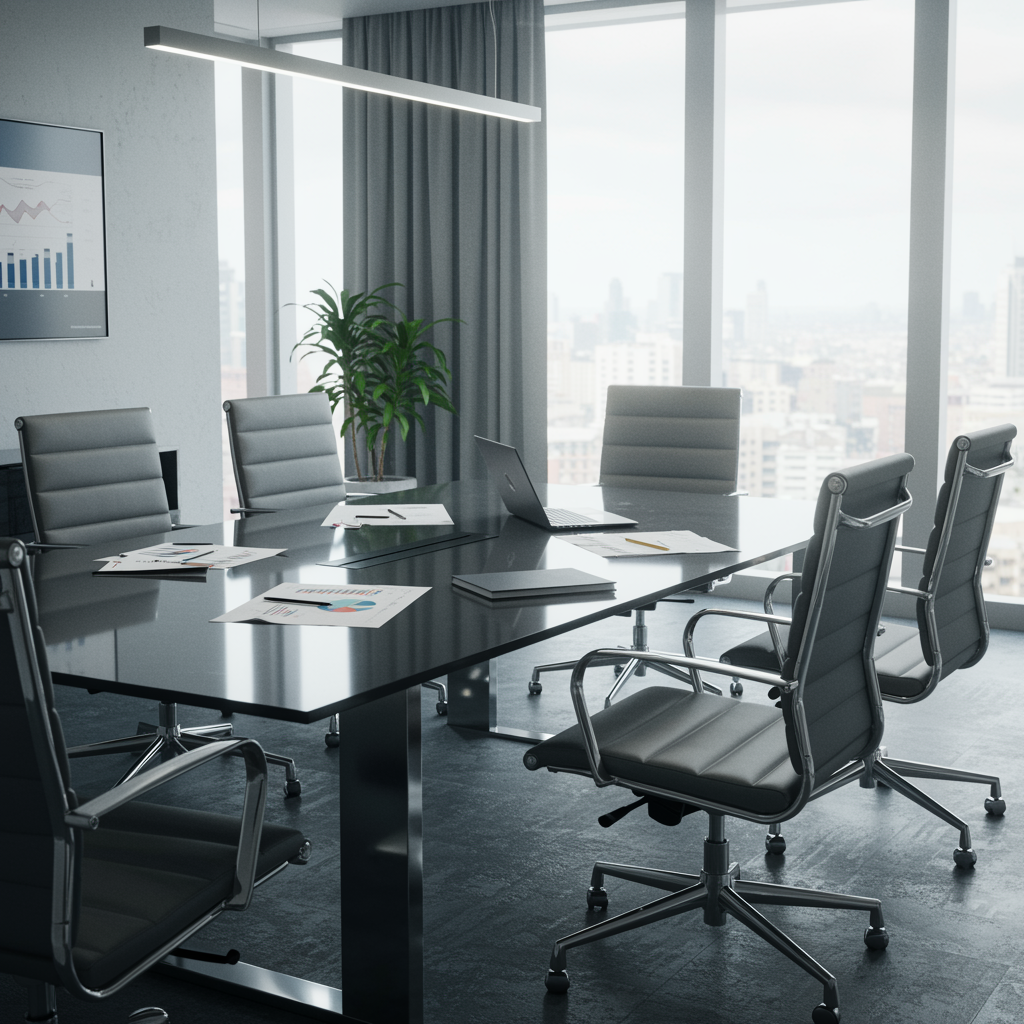 Modern office conference room set up for business development planning with a glass table, financial documents, and laptop, emphasizing a professional investment consulting environment