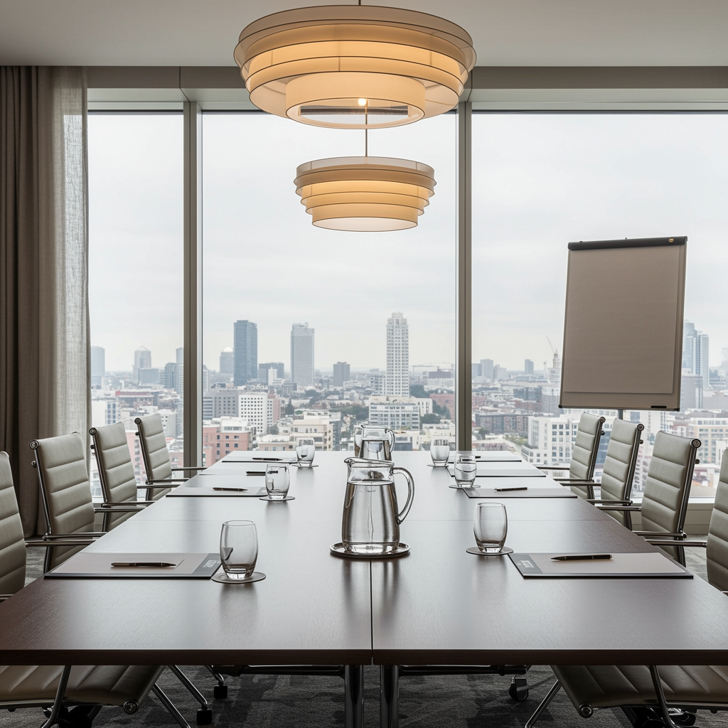 Modern executive meeting room with large conference table and city views, designed for business development planning, with natural light and professional decor.