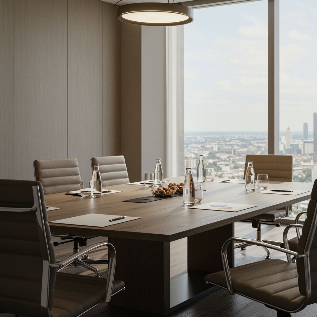 Modern boardroom prepared for capital raising with polished table, organized financial documents, and cityscape view, reflecting investment consulting and business development expertise