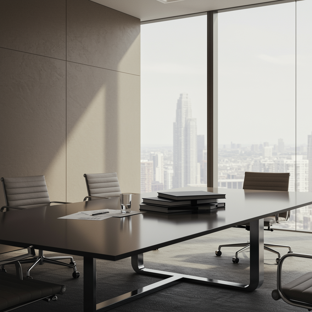 Modern executive office with glass meeting table and investment portfolios, bathed in natural light, representing capital raising for business development and investment consulting.