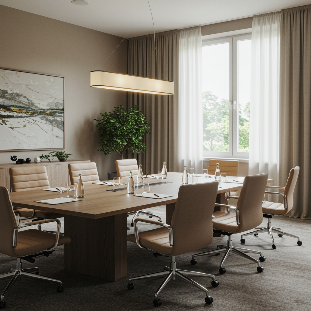 Modern conference room with warm neutral colors, stylish furniture, and natural light representing investment consulting and business development mission support.