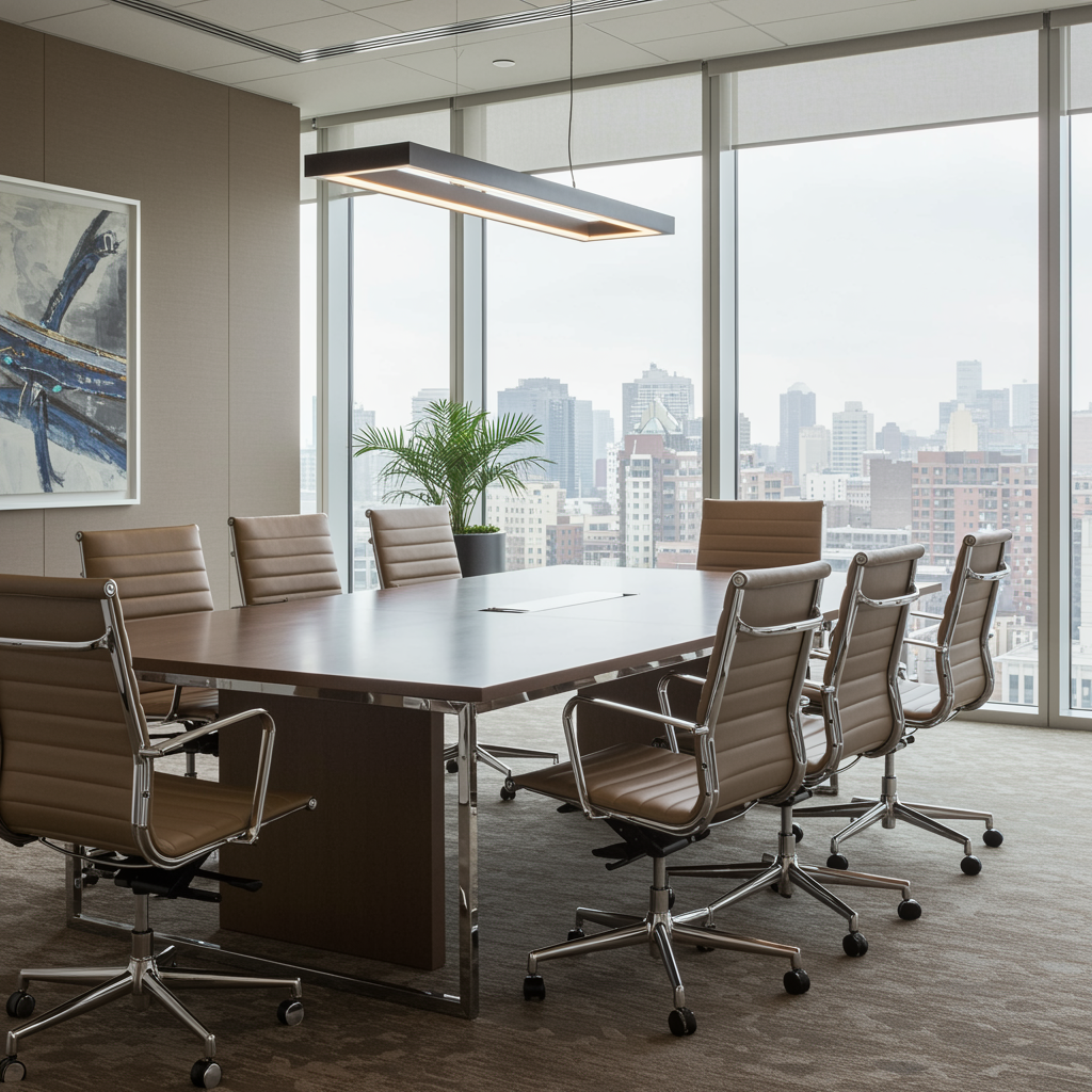 Modern financial advisory office interior with elegant meeting table, comfortable seating, and natural light, showcasing a professional environment for investment consulting and business development.