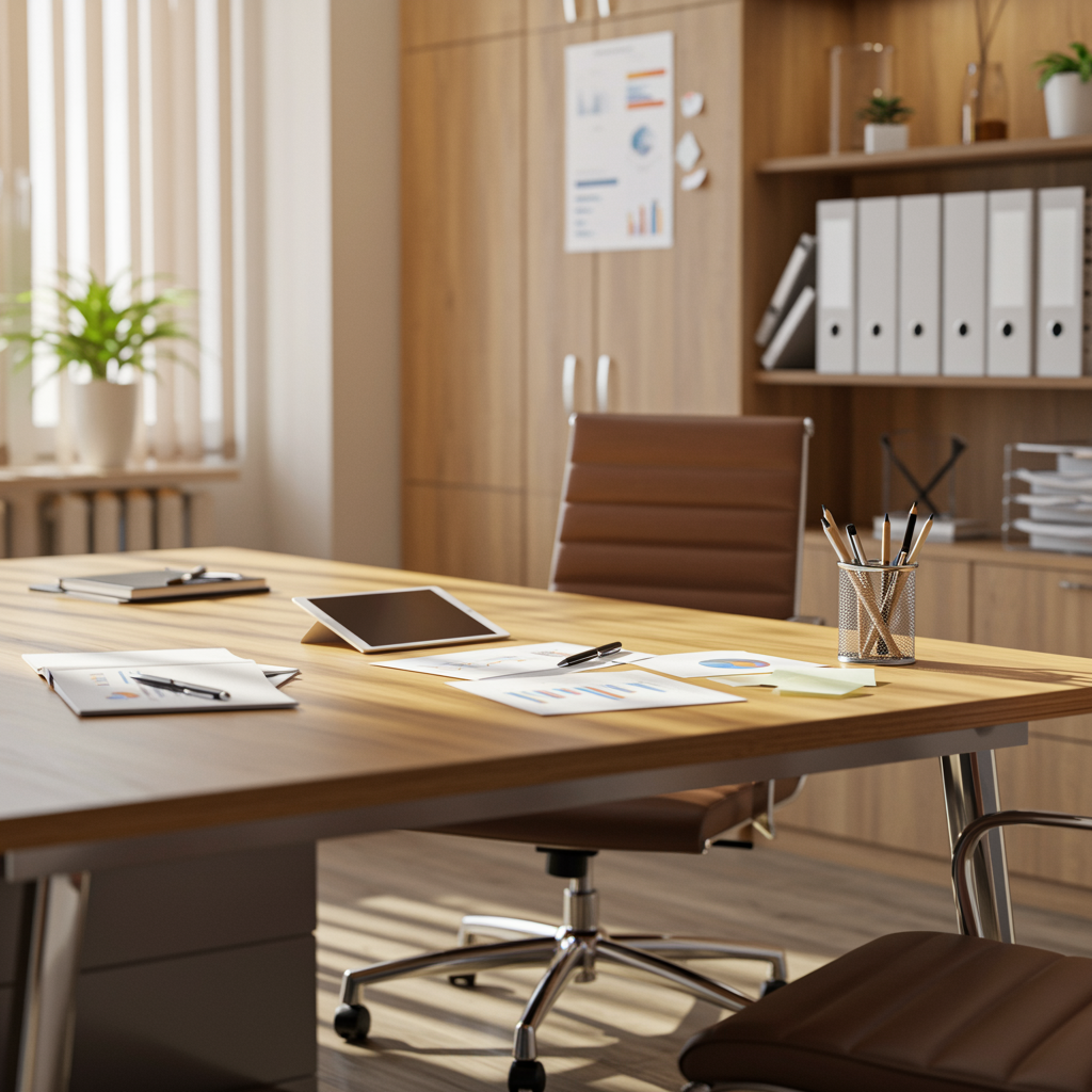 Modern executive office interior with sophisticated workspace setup, stylish desk, and soft natural lighting, illustrating the professional results of expert financial advisory services