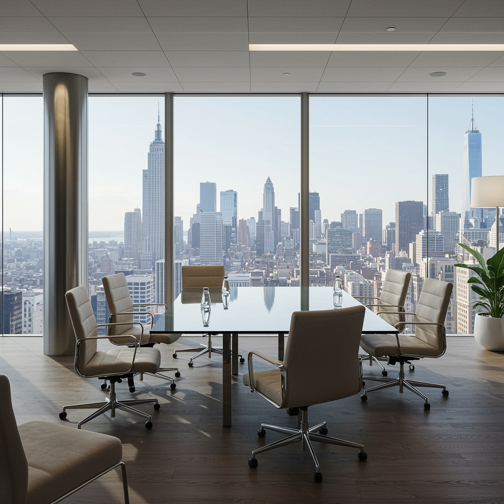 Upscale modern office lounge with glass meeting table and city skyline views, representing business growth and investment strategy