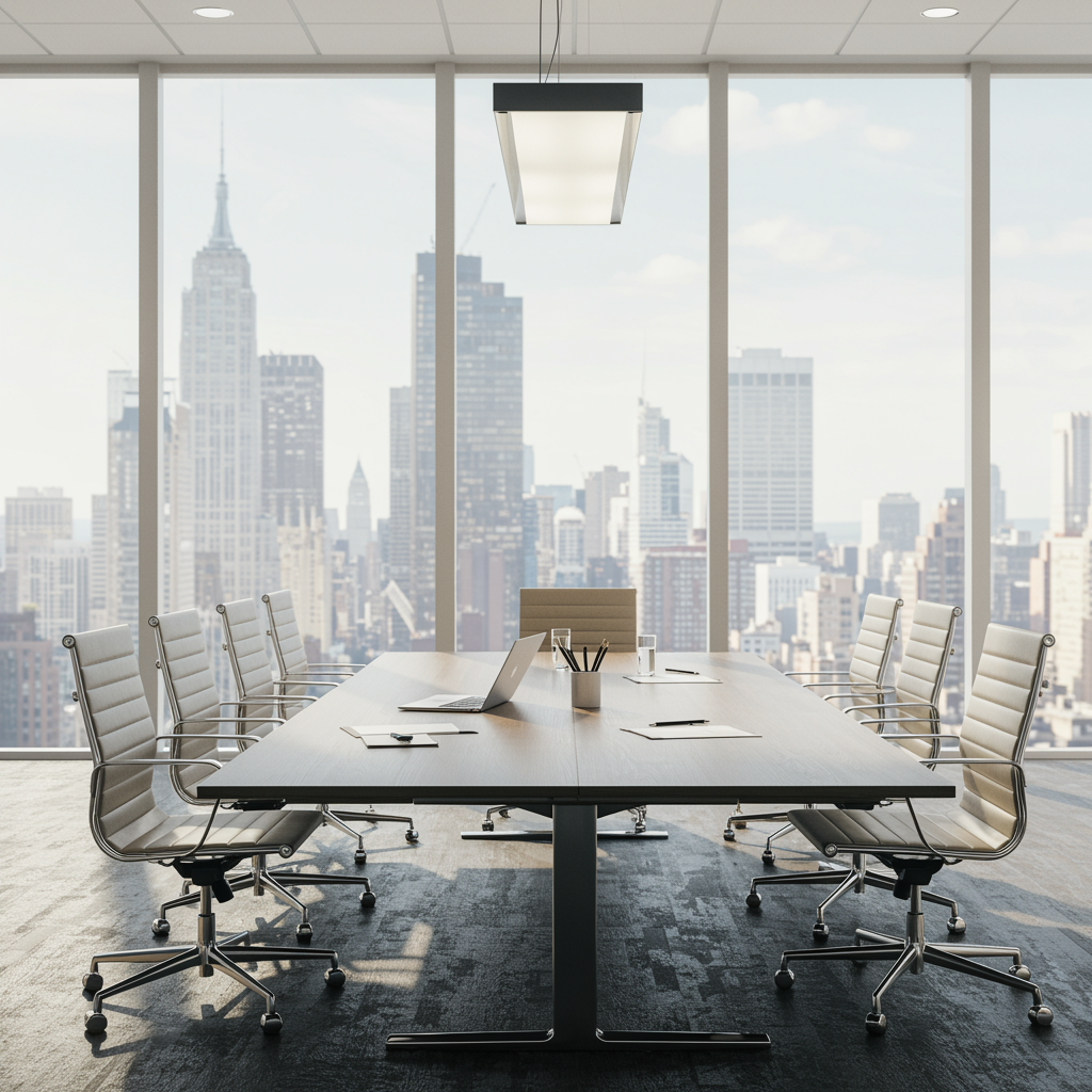 Modern boardroom with city skyline views and a polished conference table arranged for a growth strategy meeting, representing professional business development and investment consulting success.