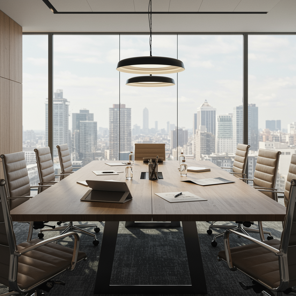 Modern executive office with polished meeting table, city view, and natural light, representing professional investment consulting services.