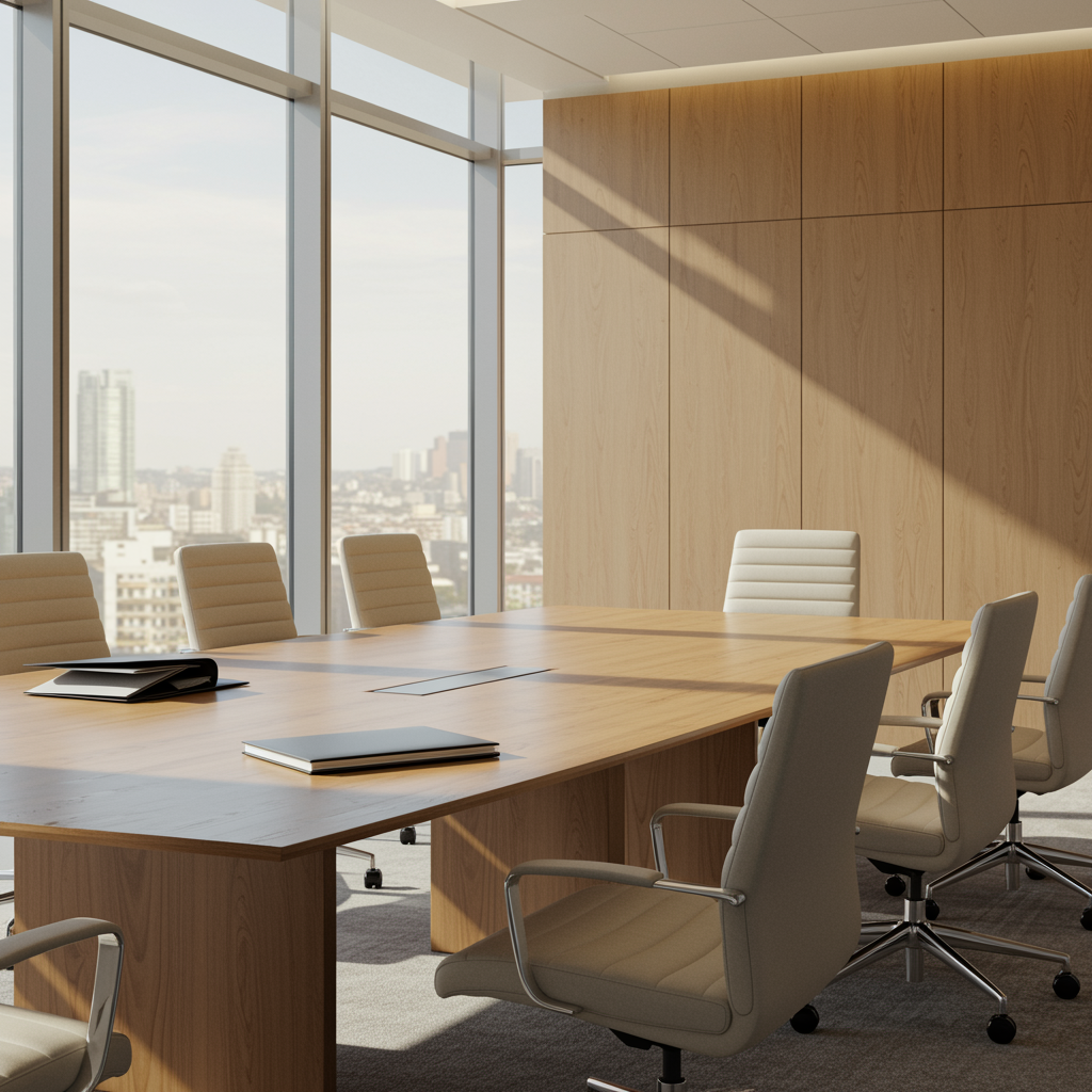 Modern consulting office interior with large meeting table, glass partitions, and natural sunlight, illustrating an inviting space for professional investment consulting services.