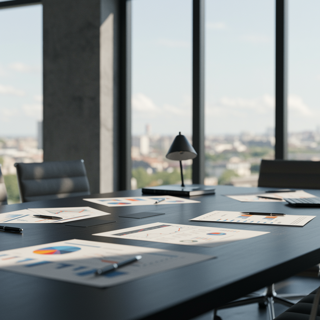 Modern office interior with financial reports and market analysis charts on a table, representing expert investment and business development consulting environment