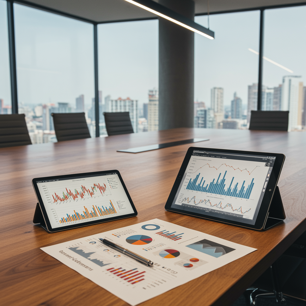 Modern executive boardroom with conference table, digital tablet displaying colorful market graphs, and printed reports open to market trends, illustrating professional investment and business market analysis.