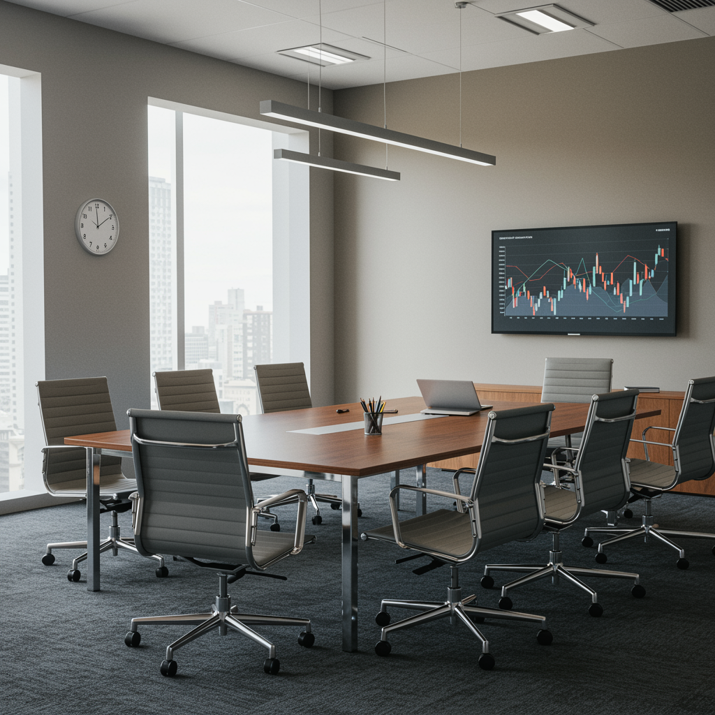 Modern executive boardroom with organized workspace, natural lighting, and subtle market analysis elements, illustrating professional risk management in investment and business consulting
