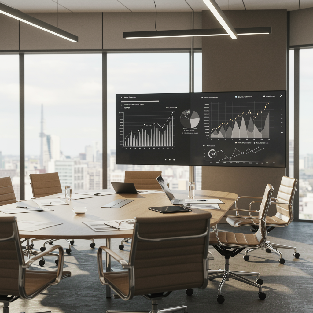 Modern business conference room with polished table, organized financial documents, and digital growth charts, showcasing the professional results of risk management services in a welcoming, well-lit investment consulting environment.