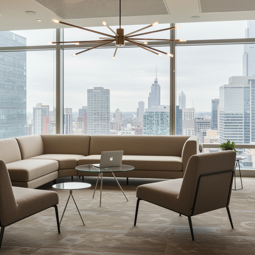Contemporary office lounge for startup advisory with modern furniture, glass table, and large windows overlooking a city skyline, illustrating professional investment consulting and business development environment