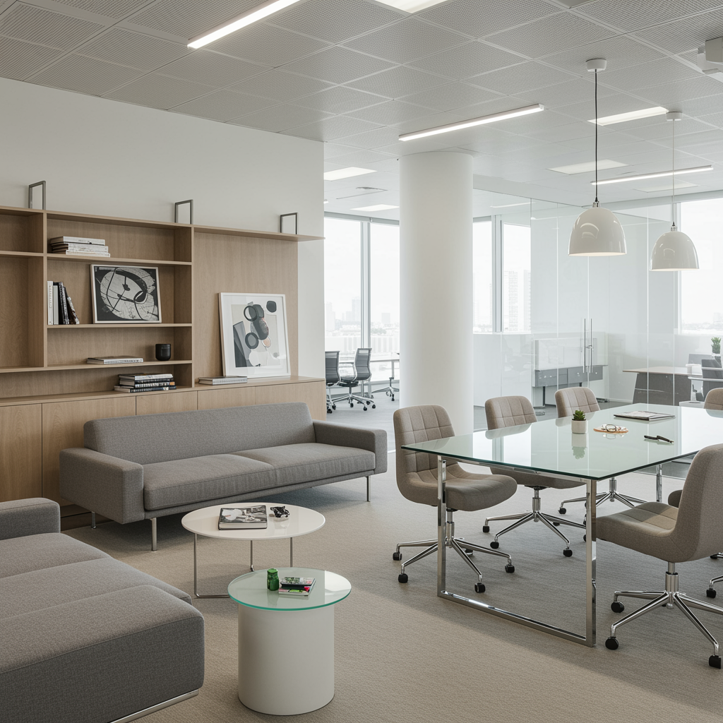 Contemporary office lounge with glass table and modern furnishings, symbolizing startup advisory services for investment and business development