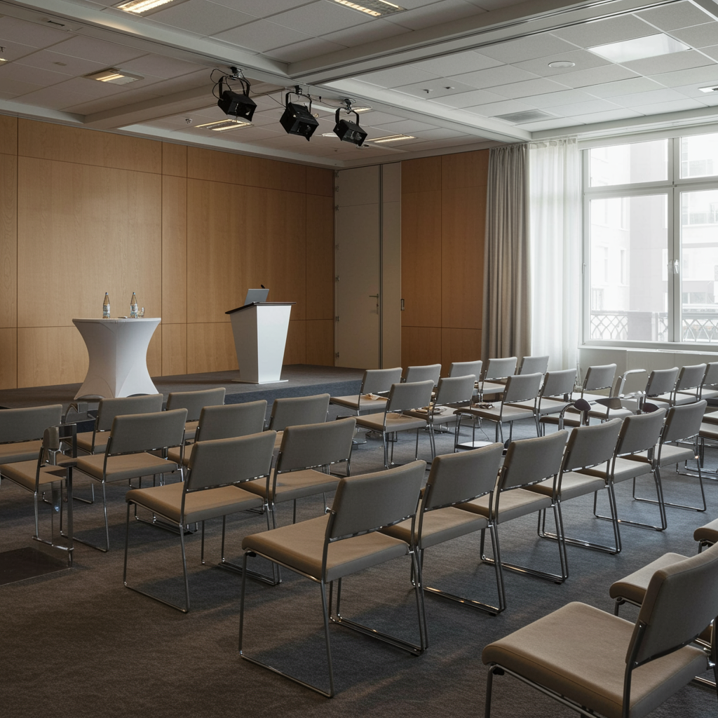 Modern conference room prepared for an investment and business development event, featuring stylish seating, a contemporary podium, and natural light creating a welcoming, upscale environment.