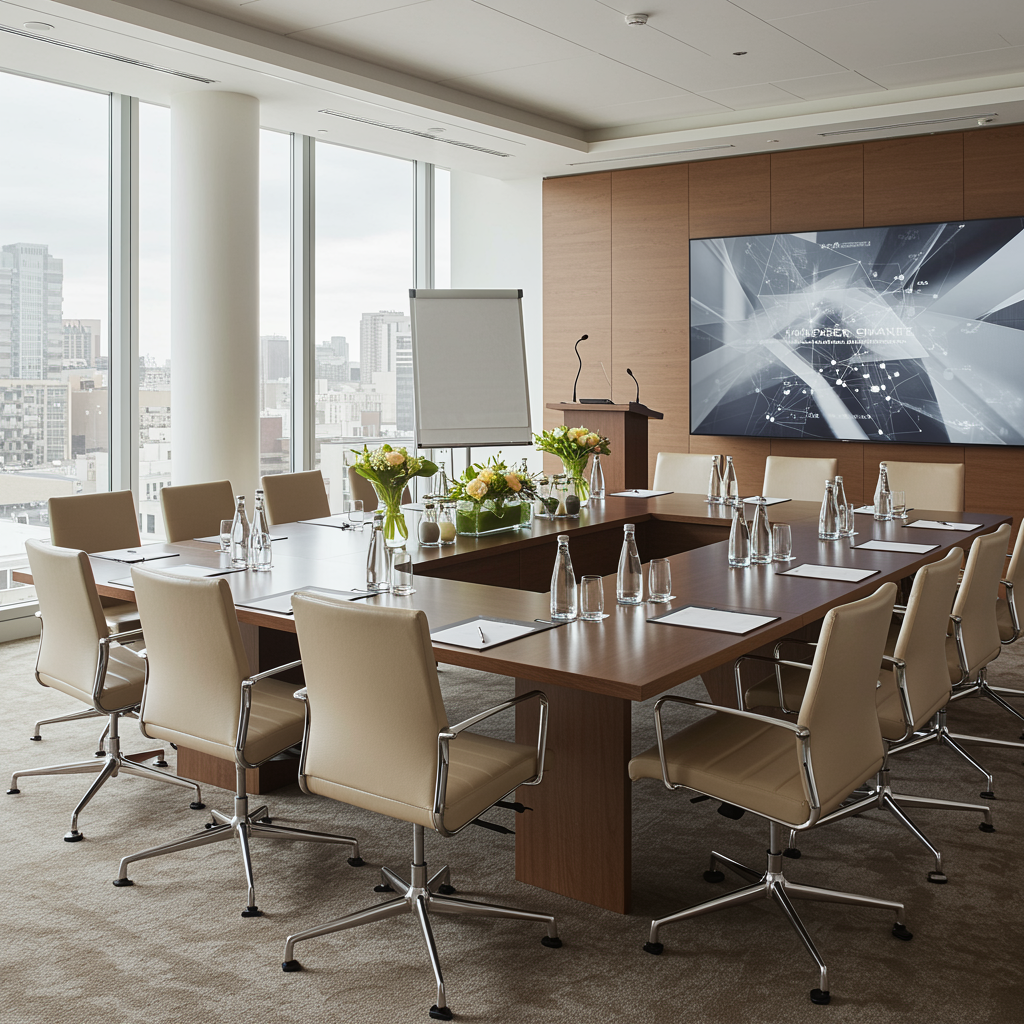 Modern conference room set up for an investment and business development event, featuring a polished table, contemporary chairs, and natural light in a neutral, professional setting.